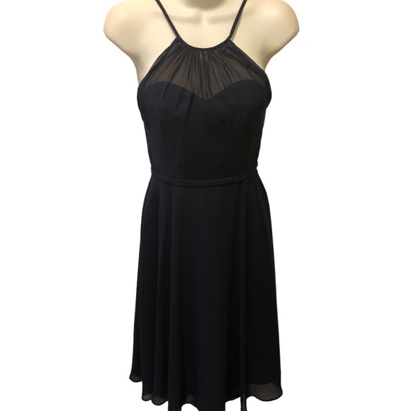 Azazie Alayna Short Bridesmaid A Line Dress Navy Sz J12 High Neck Sheer Chiffon - Picture 7 of 11